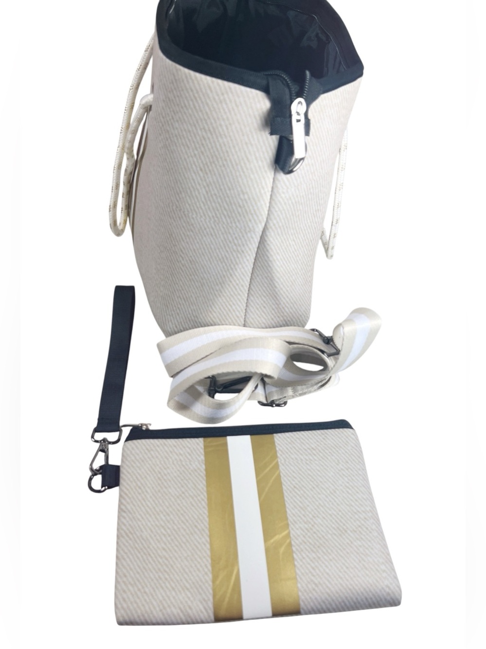 Solazul Neoprene Tan Bag and Matching Wristlet with Gold and White Stripe Beach - Picture 6 of 6